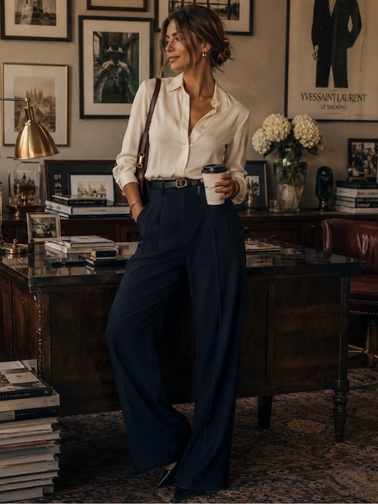 Worth Pants - Worth Petite Navy Wide Leg Trousers Size 10P